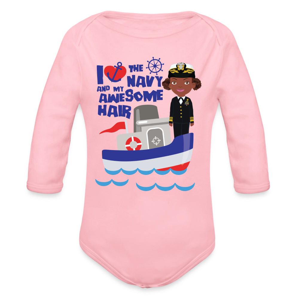 Navy Organic Long Sleeve Baby Bodysuit - light pink