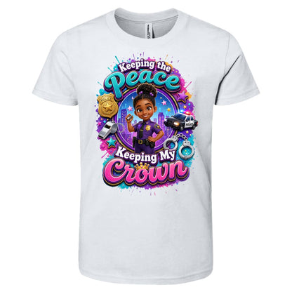 Police Officer career tee for girls Ages 6-9 with natural hair pride by Riley's Way