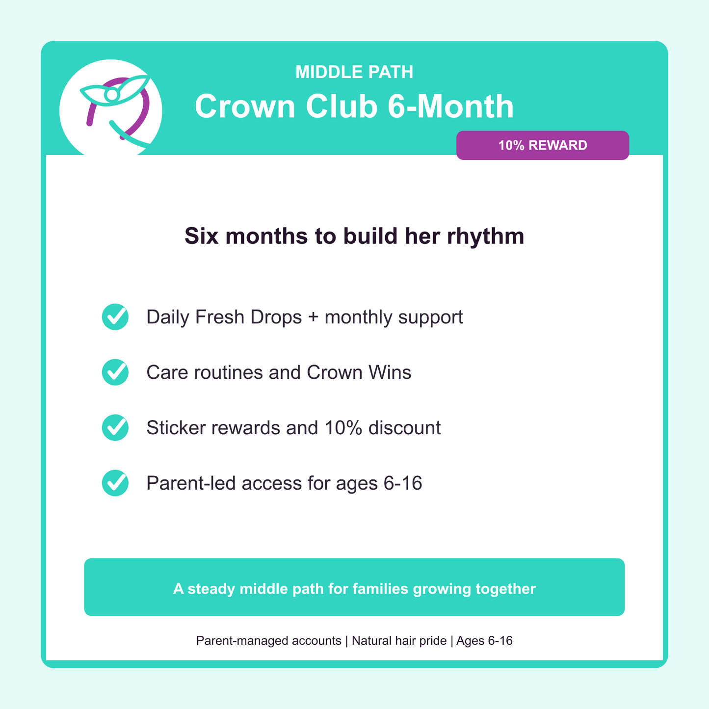 Crown Club 6-Month membership with six months of daily Crown Sparks, daily Fresh Drops, rewards, and parent-led safety