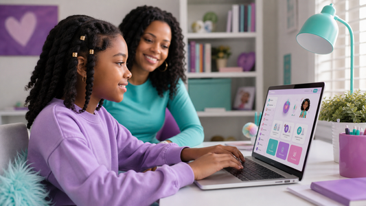 Riley's Way Crown Club 6-Month app moment with a Black tween girl using a laptop with parent support