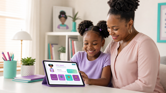 Riley's Way parent-led app moment with a young Black girl using a tablet with guardian support