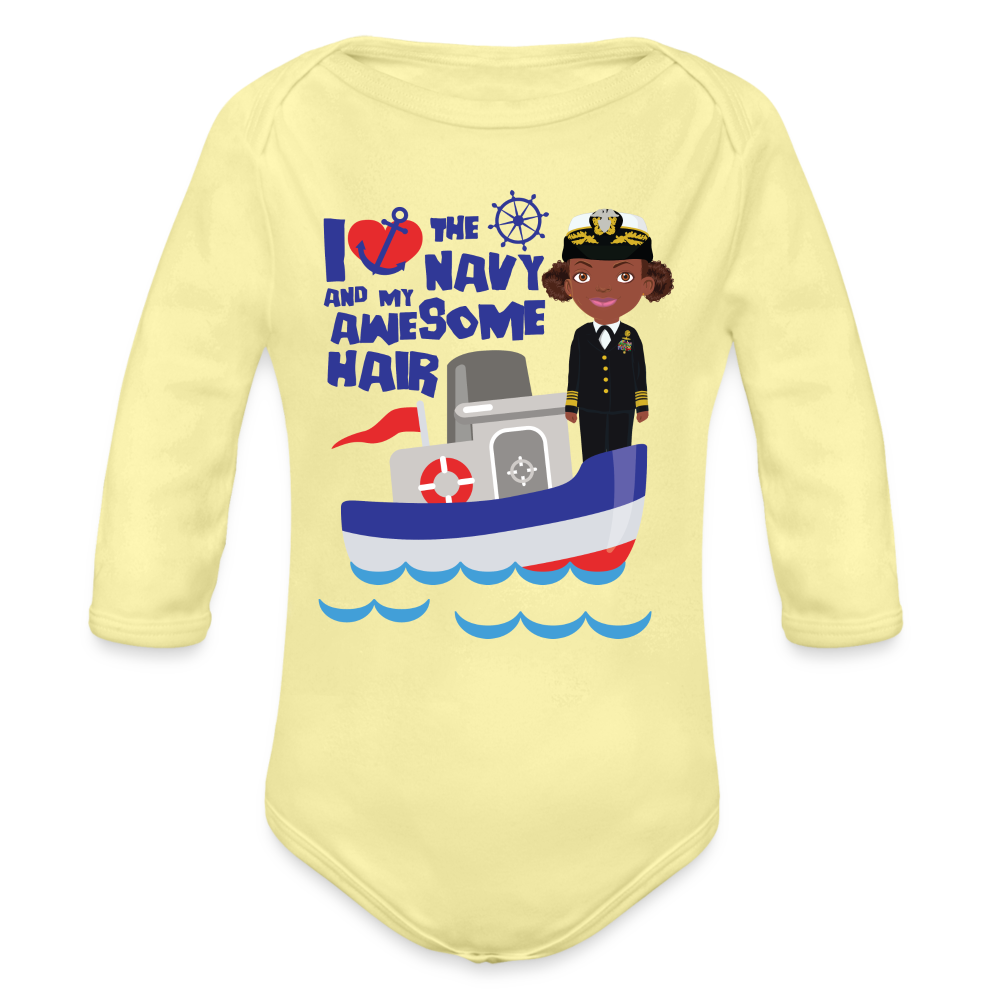 Navy Organic Long Sleeve Baby Bodysuit - washed yellow