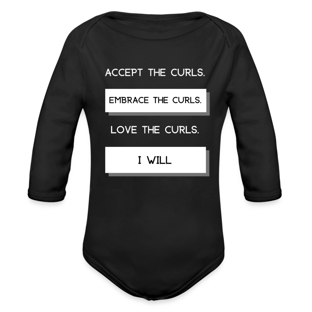 Accept The Curls Organic Long Sleeve Baby Bodysuit - black