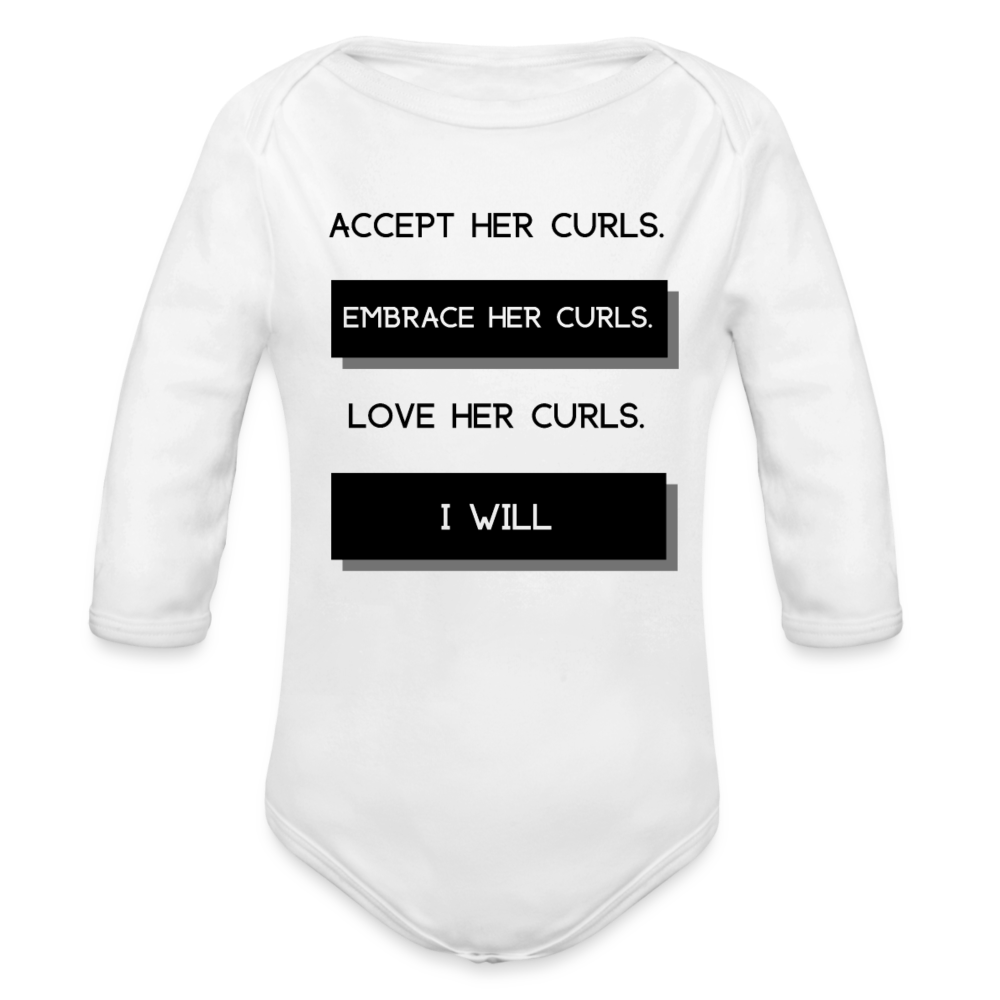 Accept Her Curls Organic Long Sleeve Baby Bodysuit - white