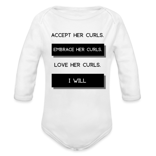 Accept Her Curls Organic Long Sleeve Baby Bodysuit - white