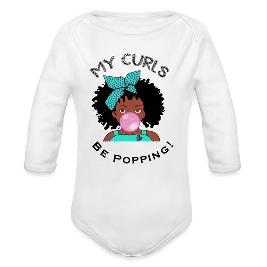Curls Popping Organic Long Sleeve Baby Bodysuit - white