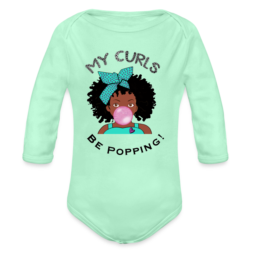 Curls Popping Organic Long Sleeve Baby Bodysuit - light mint