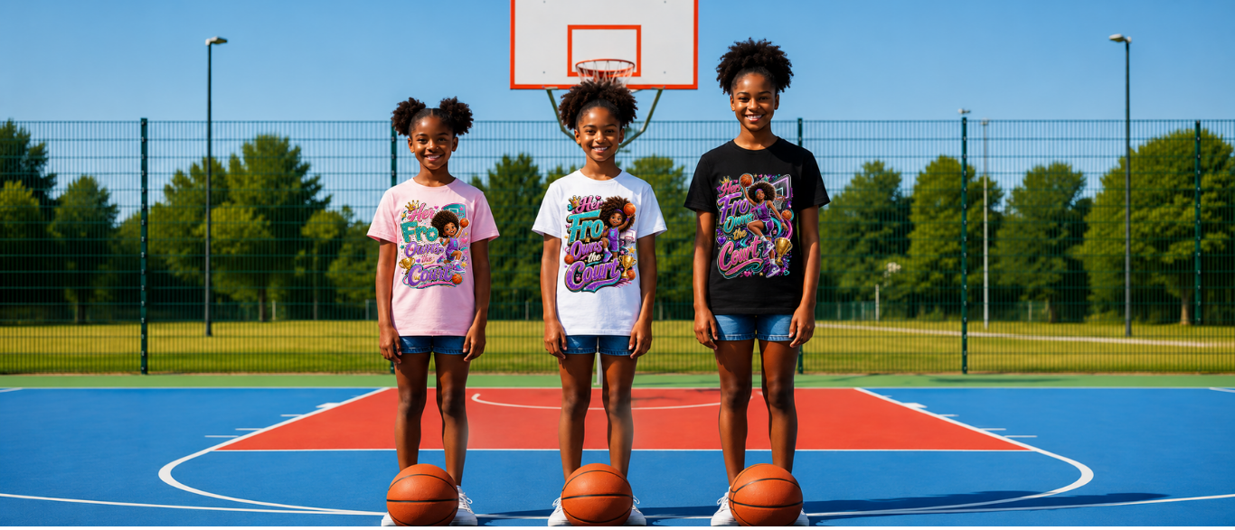 Three Black girls wearing Riley's Way basketball career tees on a basketball court